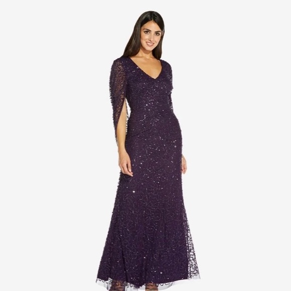 adrianna papell purple sequin dress Adrianna Papell Beaded Gown With Cowl Sleeves, Amethyst, Size: 2